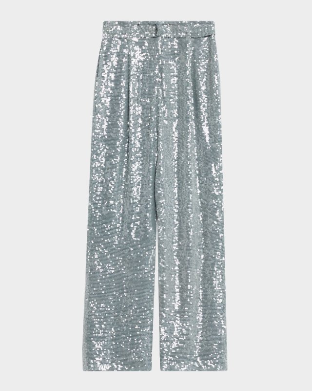 Sequined Pleated Wide-Leg Belted Pants